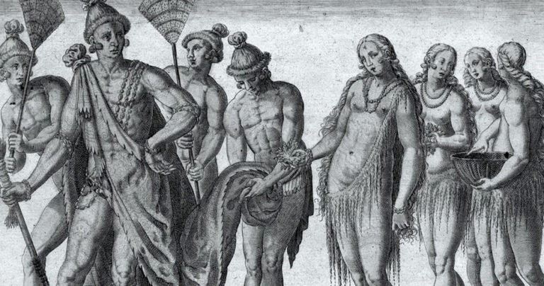Historical illustration of the Kiawah Indians in traditional attire.