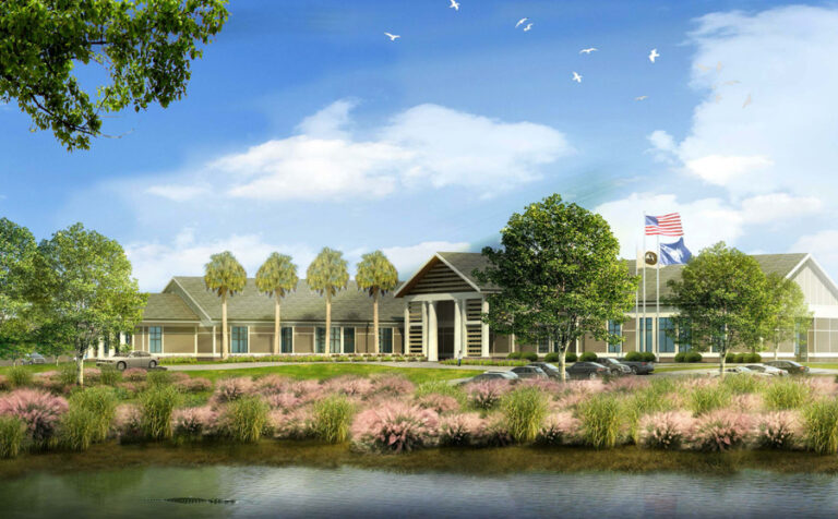 Artist's rendering of the future Kiawah Island Municipal Center, showcasing modern architecture blended with natural surroundings, featured in the Visit Kiawah Island Guide.