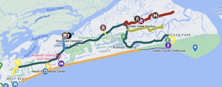 Map detailing the extensive biking trails across Kiawah Island, a cyclist's guide to exploring the area's natural beauty.